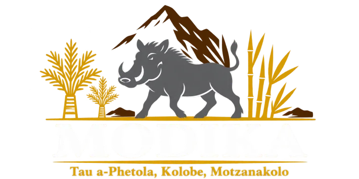 Modika royal house logo with warthog, mountain, grain and reeds